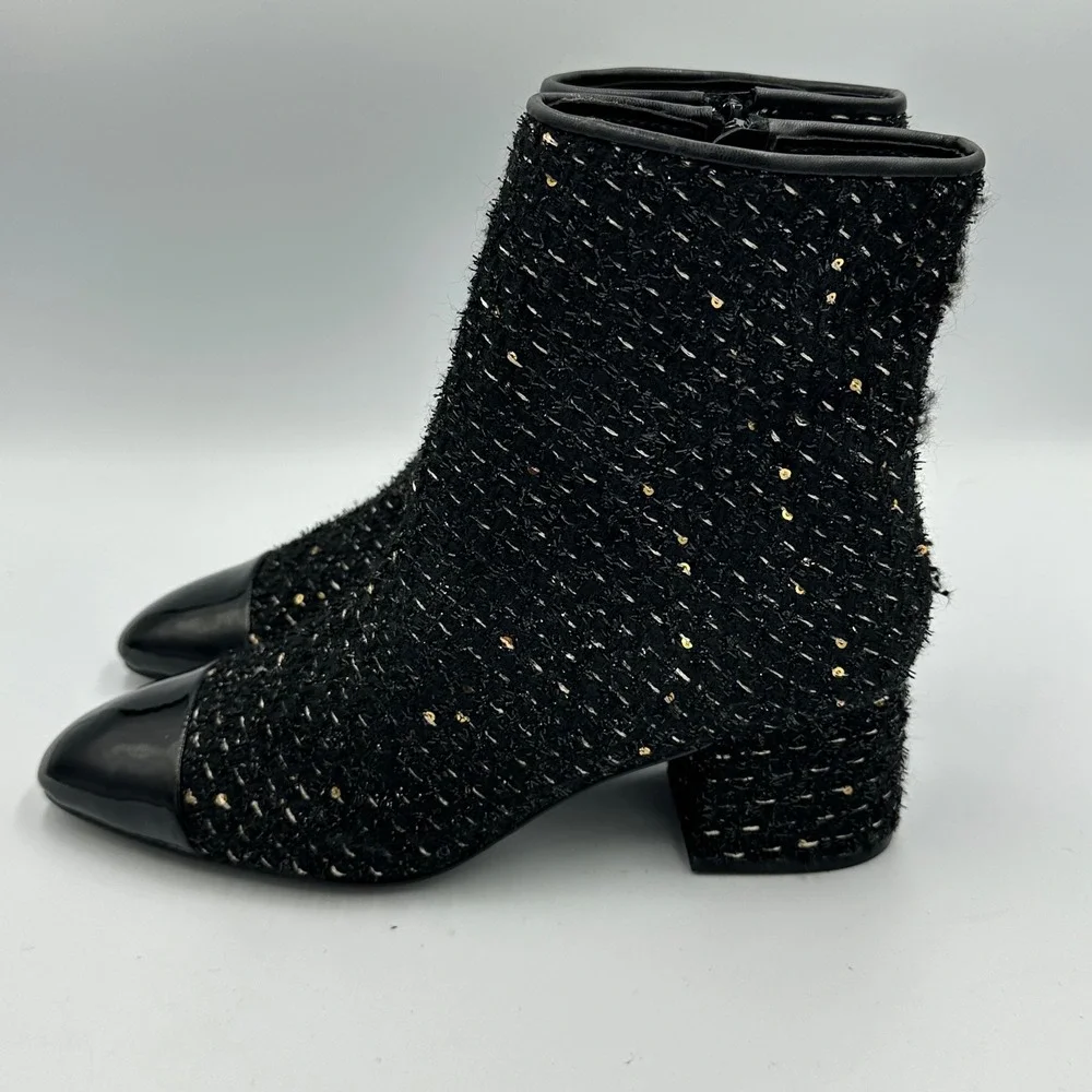 Steve Madden Eiffel Tweed Ankle Boots 7.5 Black Gold Sequin Cap Toe Block Heel